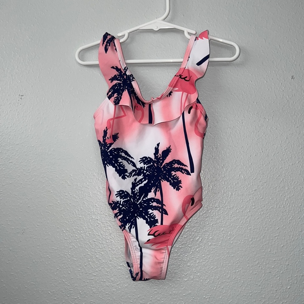 🤩4/$15🥳 palm tree flamingo one piece swimsuit